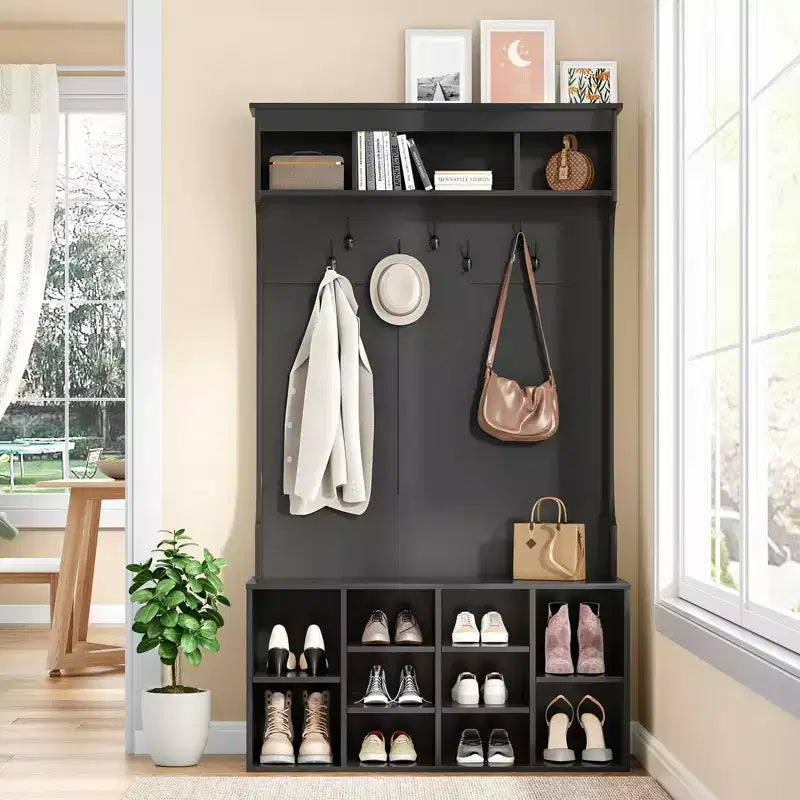 Meuble de Rangement Haut de 180 cm avec Banc et Étagères, Meuble d'Entrée Autonome avec 7 Patères, Meuble à Chaussures d'Entrée