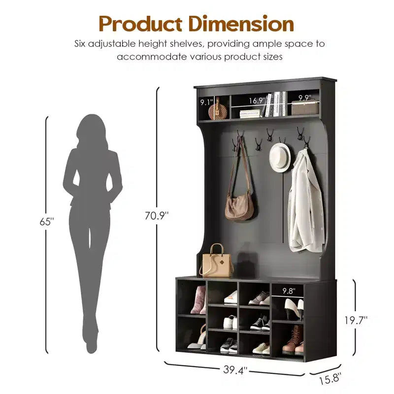 Meuble de Rangement Haut de 180 cm avec Banc et Étagères, Meuble d'Entrée Autonome avec 7 Patères, Meuble à Chaussures d'Entrée