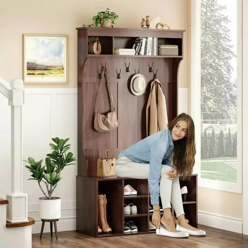 Meuble de Rangement Haut de 180 cm avec Banc et Étagères, Meuble d'Entrée Autonome avec 7 Patères, Meuble à Chaussures d'Entrée