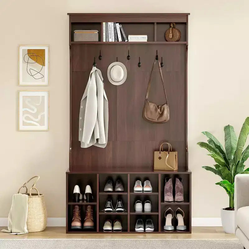 Meuble de Rangement Haut de 180 cm avec Banc et Étagères, Meuble d'Entrée Autonome avec 7 Patères, Meuble à Chaussures d'Entrée