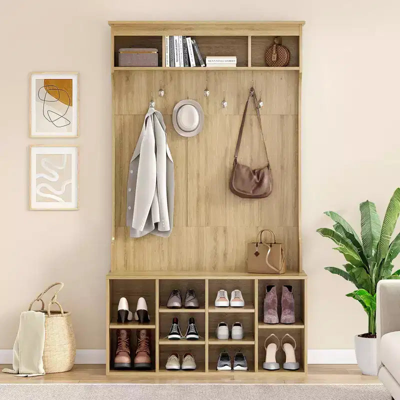 Meuble de Rangement Haut de 180 cm avec Banc et Étagères, Meuble d'Entrée Autonome avec 7 Patères, Meuble à Chaussures d'Entrée