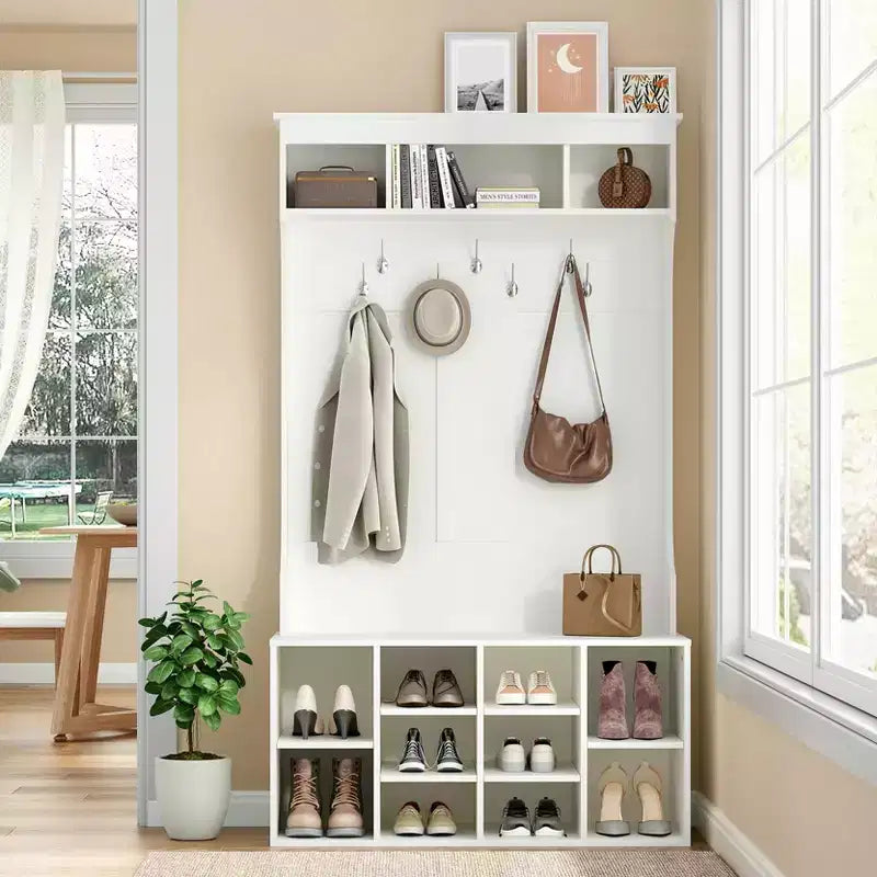 Meuble de Rangement Haut de 180 cm avec Banc et Étagères, Meuble d'Entrée Autonome avec 7 Patères, Meuble à Chaussures d'Entrée