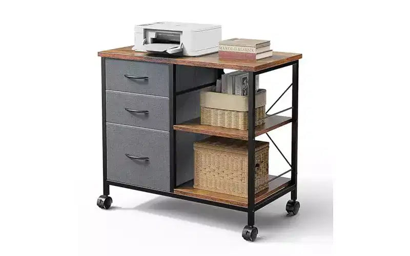 Meuble de classement mobile moderne à 3 niveaux avec tiroirs en tissu et roulettes, meuble de classement à moitié ouvert pour bureau à domicile, étude