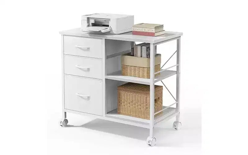 Meuble de classement mobile moderne à 3 niveaux avec tiroirs en tissu et roulettes, meuble de classement à moitié ouvert pour bureau à domicile, étude