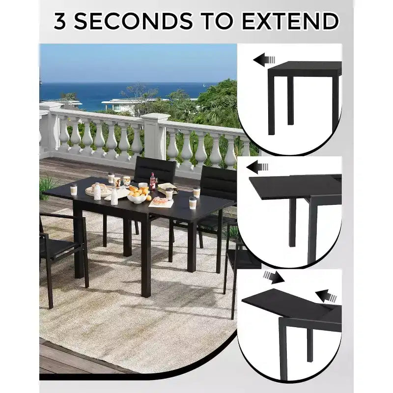 Ensemble Table à Manger Extensible pour 4-6 Personnes - Table de Patio Extensible Rapide en 3 Secondes de 80 à 160 cm, Plateau en Aluminium Robuste Noir Meuble d'Extérieur