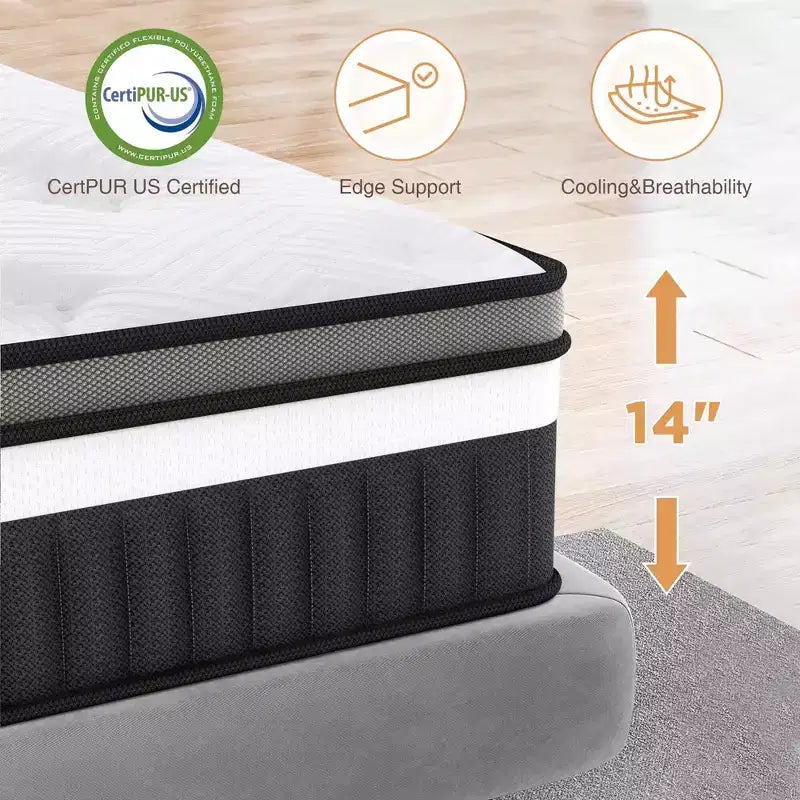 Matelas King, Matelas en mousse à mémoire de forme 14 po, Matelas en boîte, Fermeté moyenne, Soulagement de la pression zoné, Mousses certifiées sûres, Matelas respirant et rafraîchissant