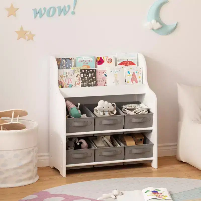 Kids Bookshelf with 6 Fabric Storage Bins, Multi-Functional Children's Bookcase and Toy Organizer, Front-Facing Display Shelf White & Gray