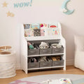 Kids Bookshelf with 6 Fabric Storage Bins, Multi-Functional Children's Bookcase and Toy Organizer, Front-Facing Display Shelf White & Gray