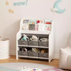 Étagère à Livres pour Enfants avec 6 Bacs de Rangement en Tissu, Bibliothèque et Organisateur de Jouets Multifonctionnel pour Enfants, Étagère d'Exposition Frontale Blanc et Gris