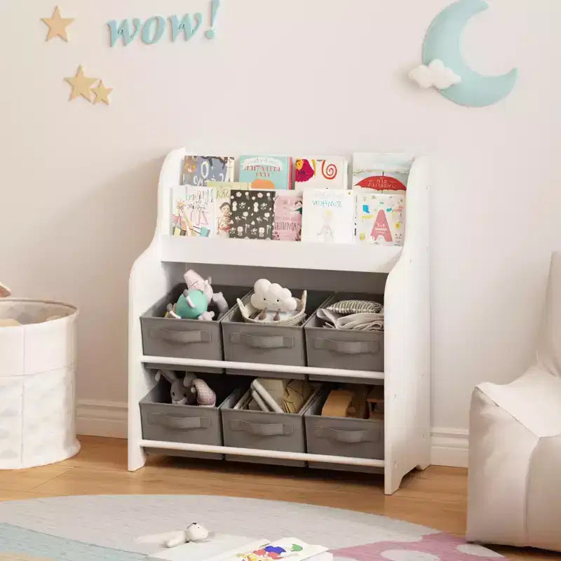 Étagère à Livres pour Enfants avec 6 Bacs de Rangement en Tissu, Bibliothèque et Organisateur de Jouets Multifonctionnel pour Enfants, Étagère d'Exposition Frontale Blanc et Gris