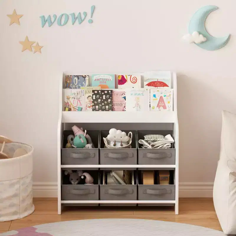 Étagère à Livres pour Enfants avec 6 Bacs de Rangement en Tissu, Bibliothèque et Organisateur de Jouets Multifonctionnel pour Enfants, Étagère d'Exposition Frontale Blanc et Gris