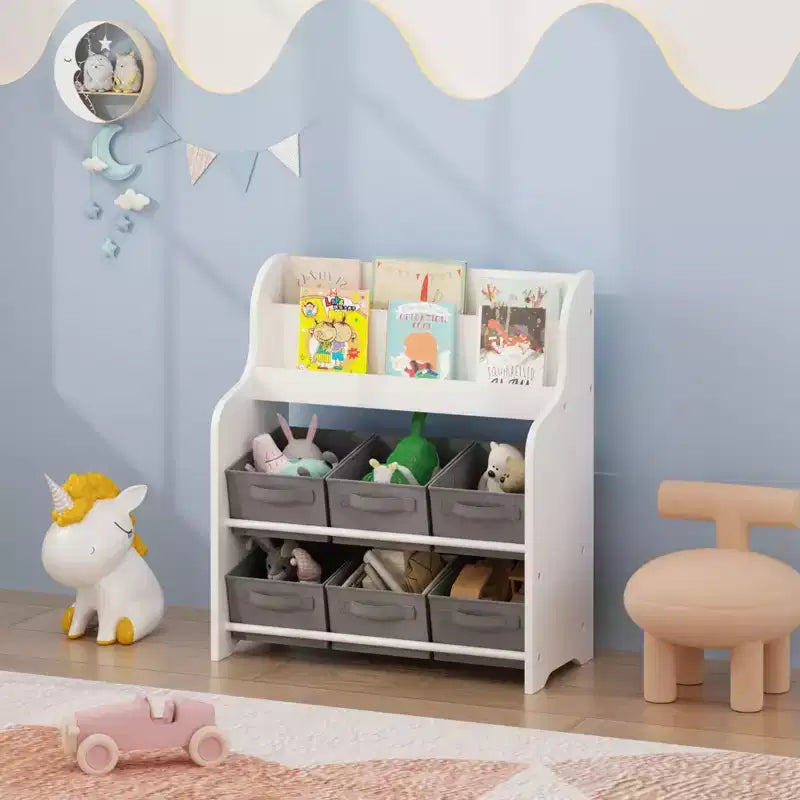 Étagère à Livres pour Enfants avec 6 Bacs de Rangement en Tissu, Bibliothèque et Organisateur de Jouets Multifonctionnel pour Enfants, Étagère d'Exposition Frontale Blanc et Gris