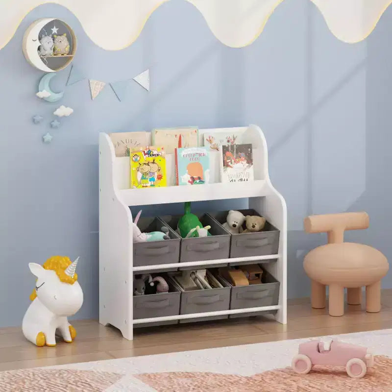 Étagère à Livres pour Enfants avec 6 Bacs de Rangement en Tissu, Bibliothèque et Organisateur de Jouets Multifonctionnel pour Enfants, Étagère d'Exposition Frontale Blanc et Gris