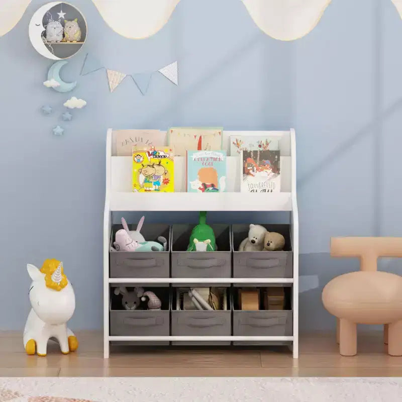 Étagère à Livres pour Enfants avec 6 Bacs de Rangement en Tissu, Bibliothèque et Organisateur de Jouets Multifonctionnel pour Enfants, Étagère d'Exposition Frontale Blanc et Gris