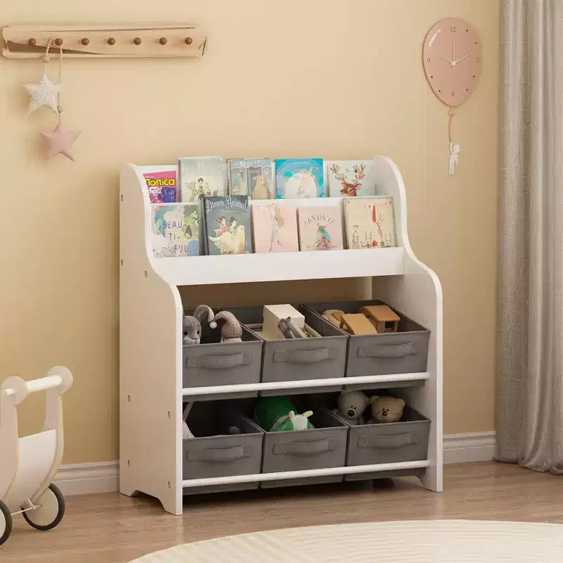 Étagère à Livres pour Enfants avec 6 Bacs de Rangement en Tissu, Bibliothèque et Organisateur de Jouets Multifonctionnel pour Enfants, Étagère d'Exposition Frontale Blanc et Gris