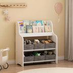 Étagère à Livres pour Enfants avec 6 Bacs de Rangement en Tissu, Bibliothèque et Organisateur de Jouets Multifonctionnel pour Enfants, Étagère d'Exposition Frontale Blanc et Gris
